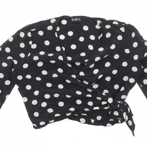 Mixit Womens Black Polka Dot Viscose Wrap Blouse Size 8 V-Neck - Cropped