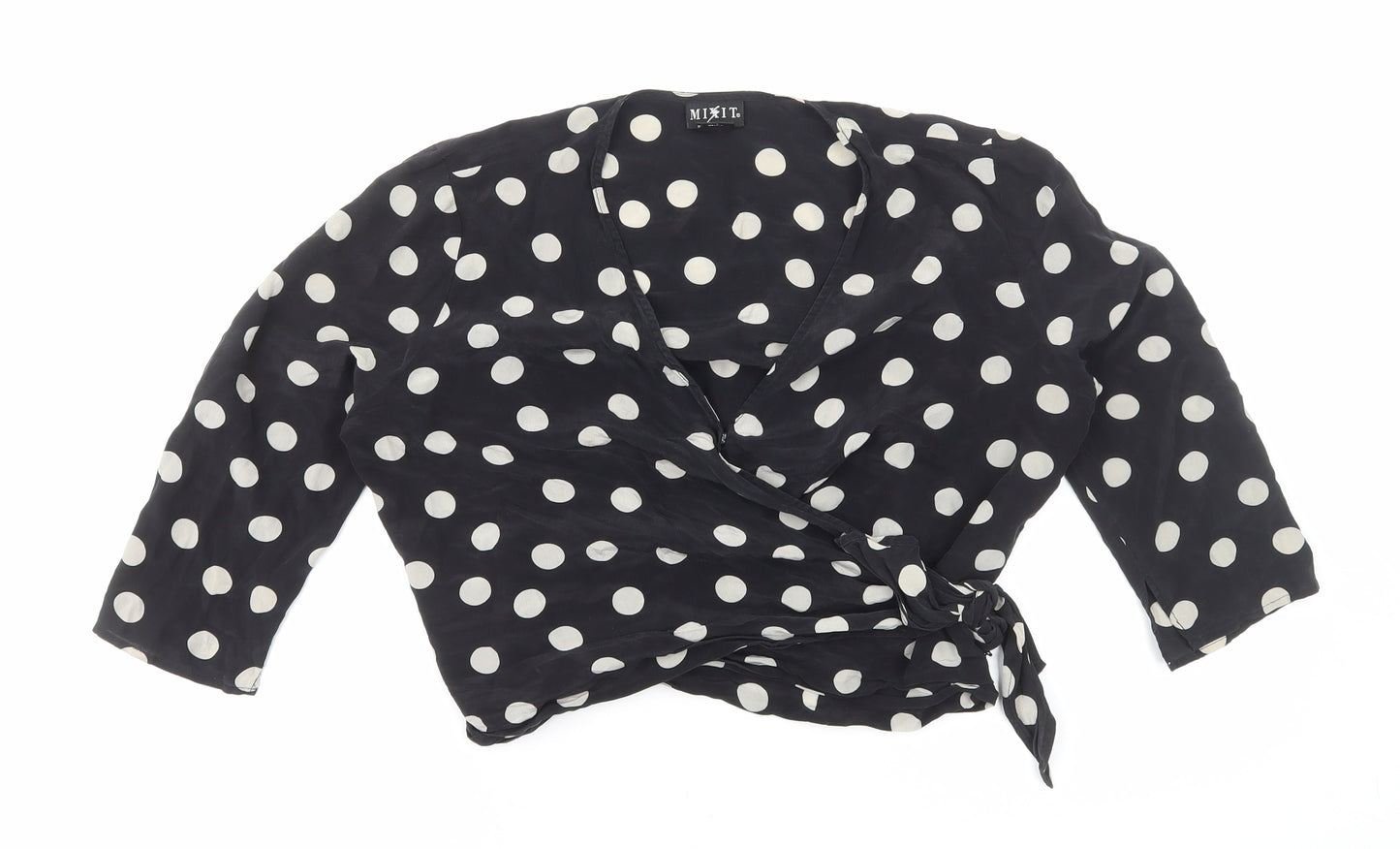 Mixit Womens Black Polka Dot Viscose Wrap Blouse Size 8 V-Neck - Cropped