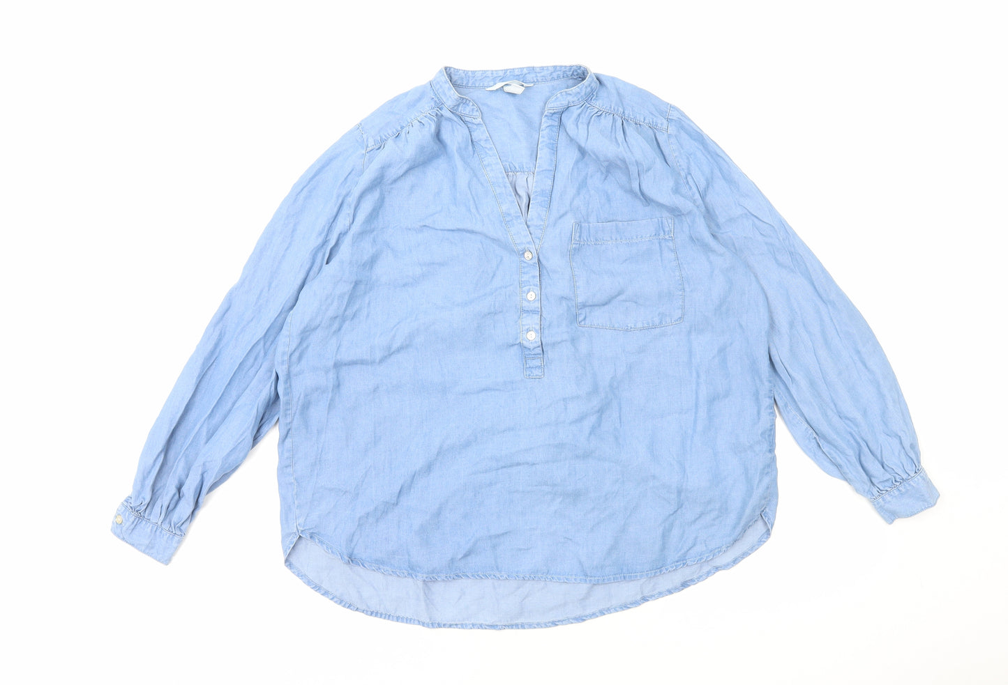 H&M Womens Blue Cotton Basic Blouse Size 14 V-Neck