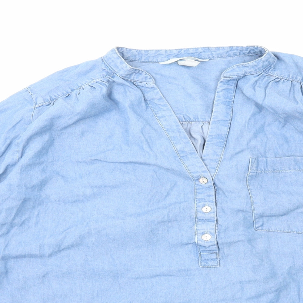 H&M Womens Blue Cotton Basic Blouse Size 14 V-Neck