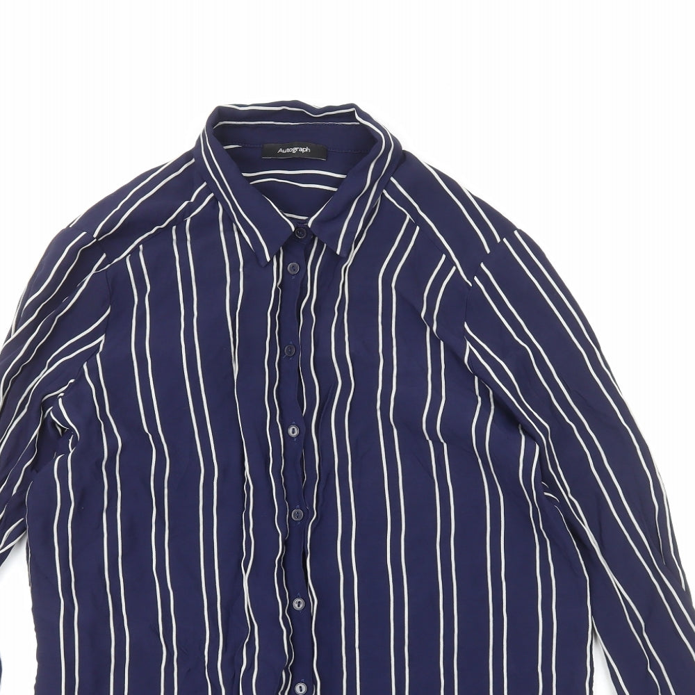 Marks and Spencer Womens Blue Striped Viscose Basic Button-Up Size 12 V-Neck