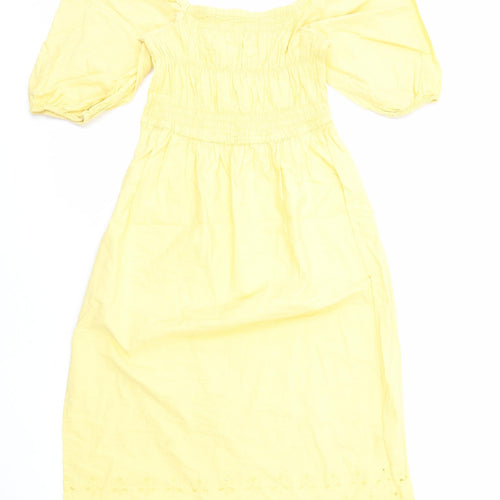 George Womens Yellow Cotton A-Line Size 12 Square Neck Pullover - Shirred Bust Broderie Anglaise