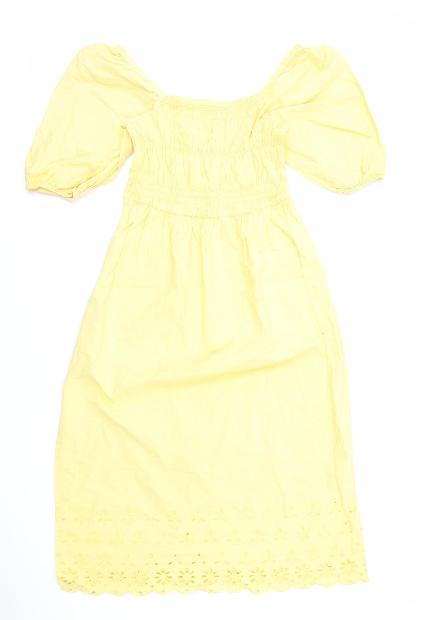 George Womens Yellow Cotton A-Line Size 12 Square Neck Pullover - Shirred Bust Broderie Anglaise