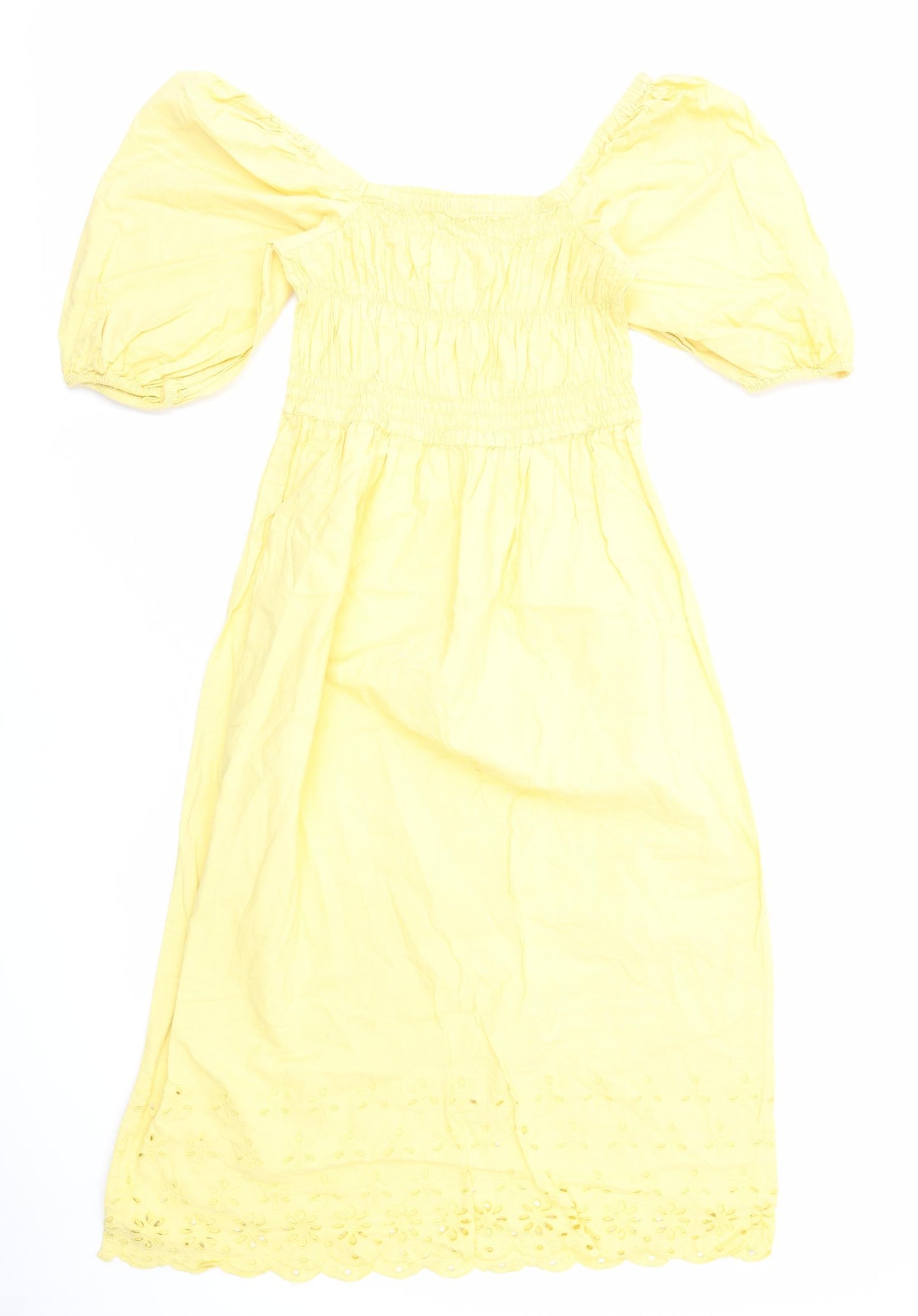 George Womens Yellow Cotton A-Line Size 12 Square Neck Pullover - Shirred Bust Broderie Anglaise