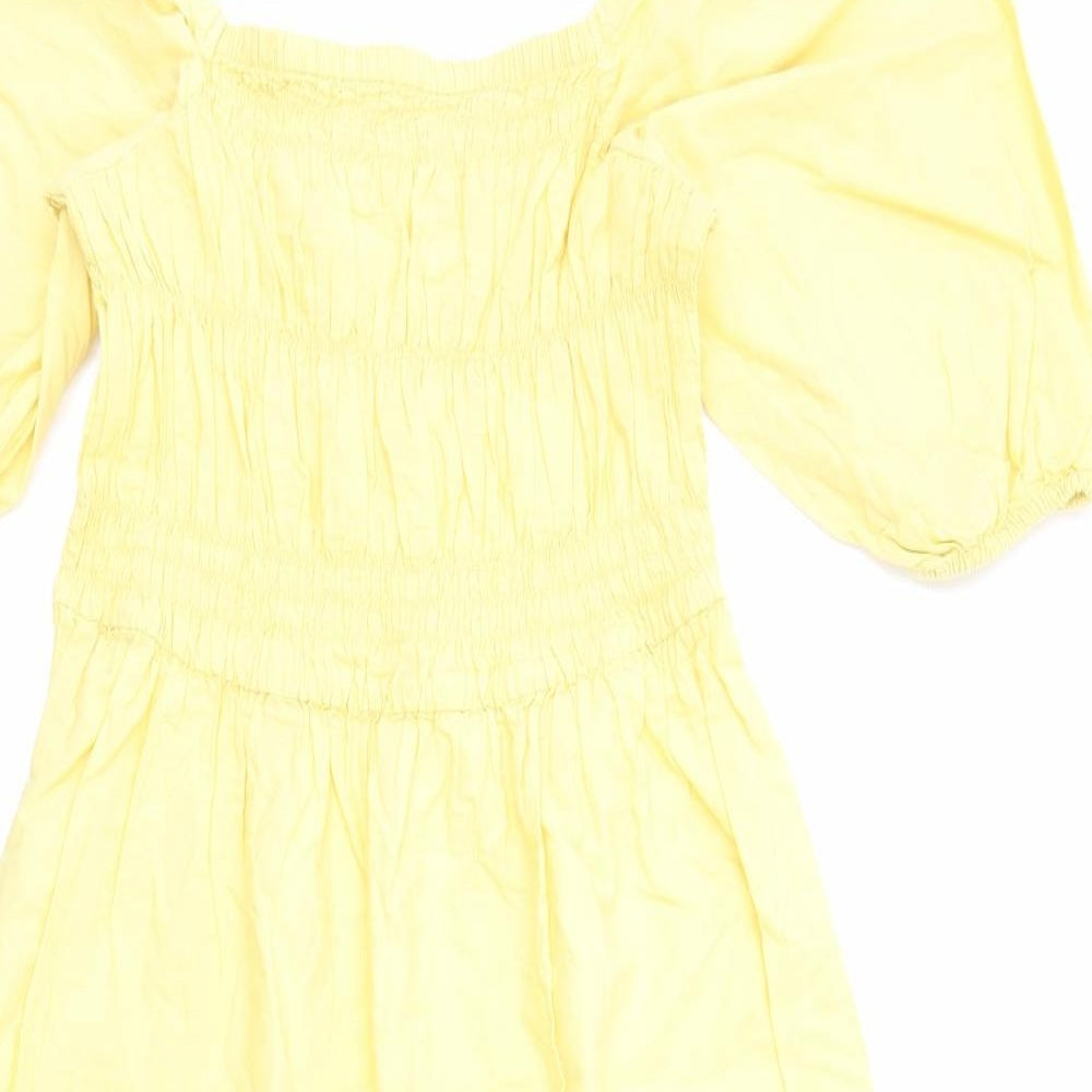 George Womens Yellow Cotton A-Line Size 12 Square Neck Pullover - Shirred Bust Broderie Anglaise