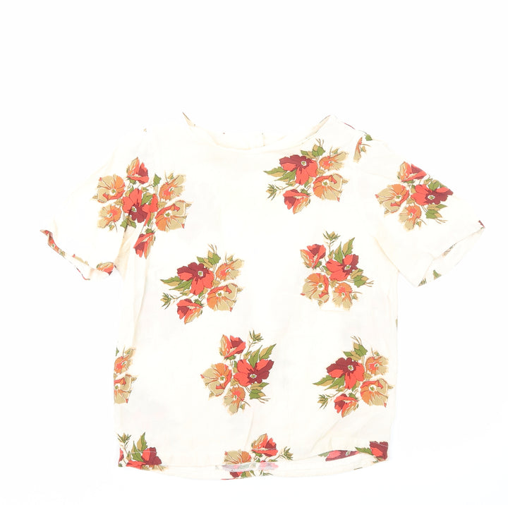 Topshop Womens Ivory Floral Viscose Basic Blouse Size 6 Round Neck - Open Back