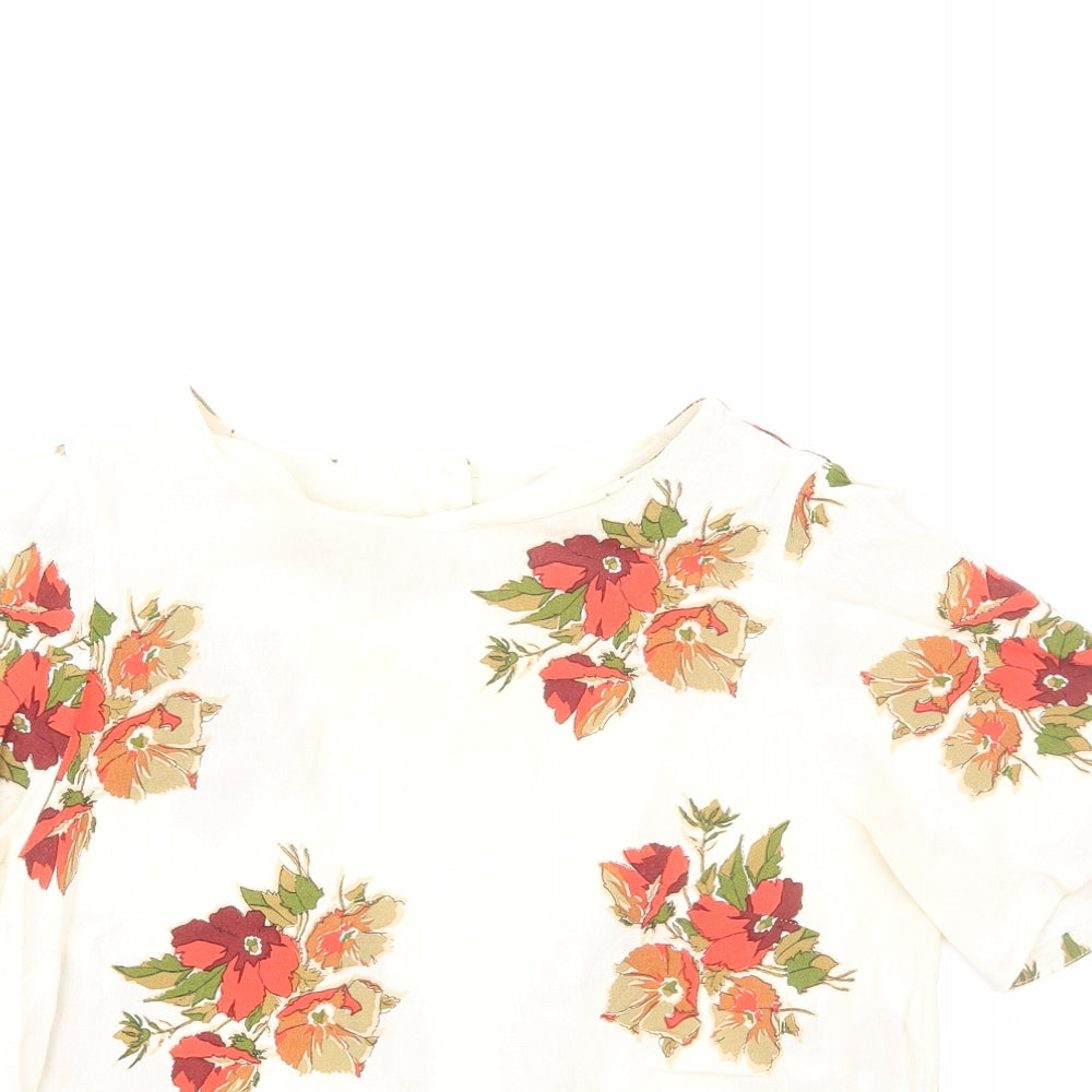 Topshop Womens Ivory Floral Viscose Basic Blouse Size 6 Round Neck - Open Back