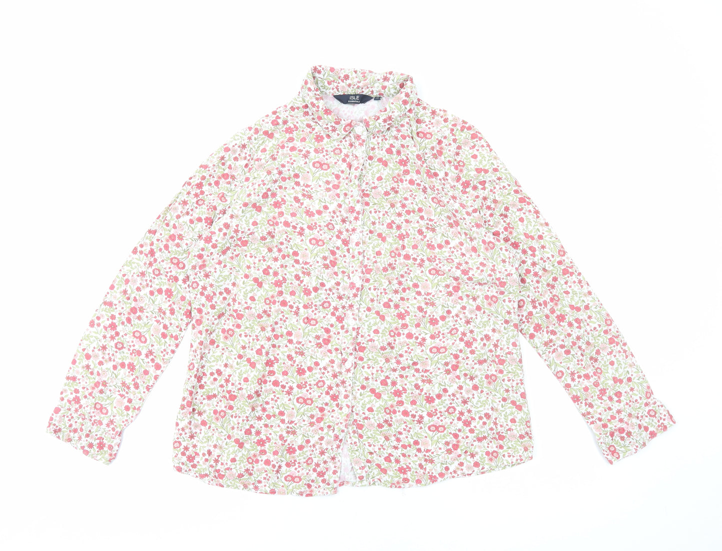 Isle Essentials Womens Pink Floral Viscose Basic Button-Up Size 16 V-Neck