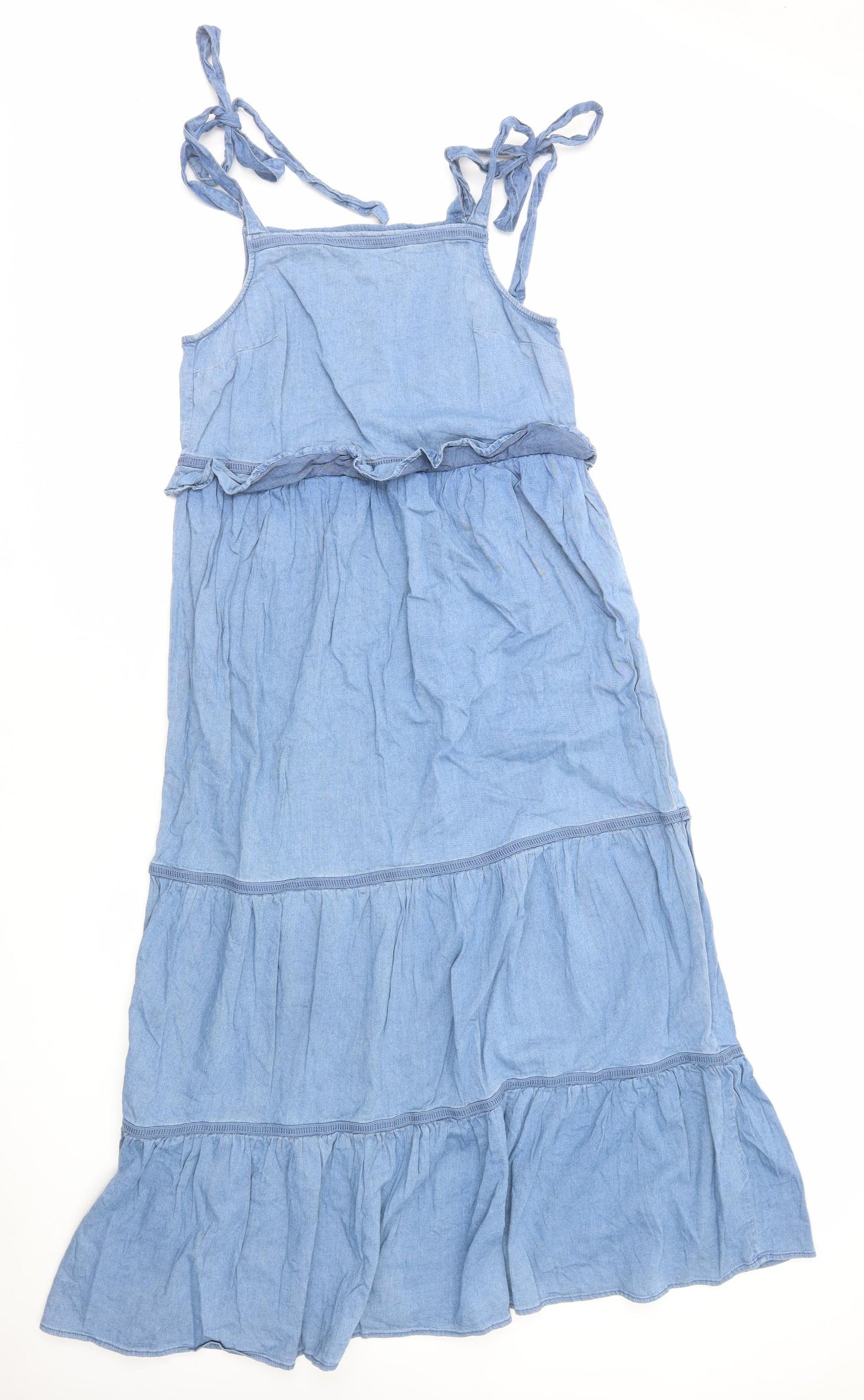 NEXT Womens Blue Cotton A-Line Size 8 Square Neck Pullover - Tiered Sleeve Tie Detail