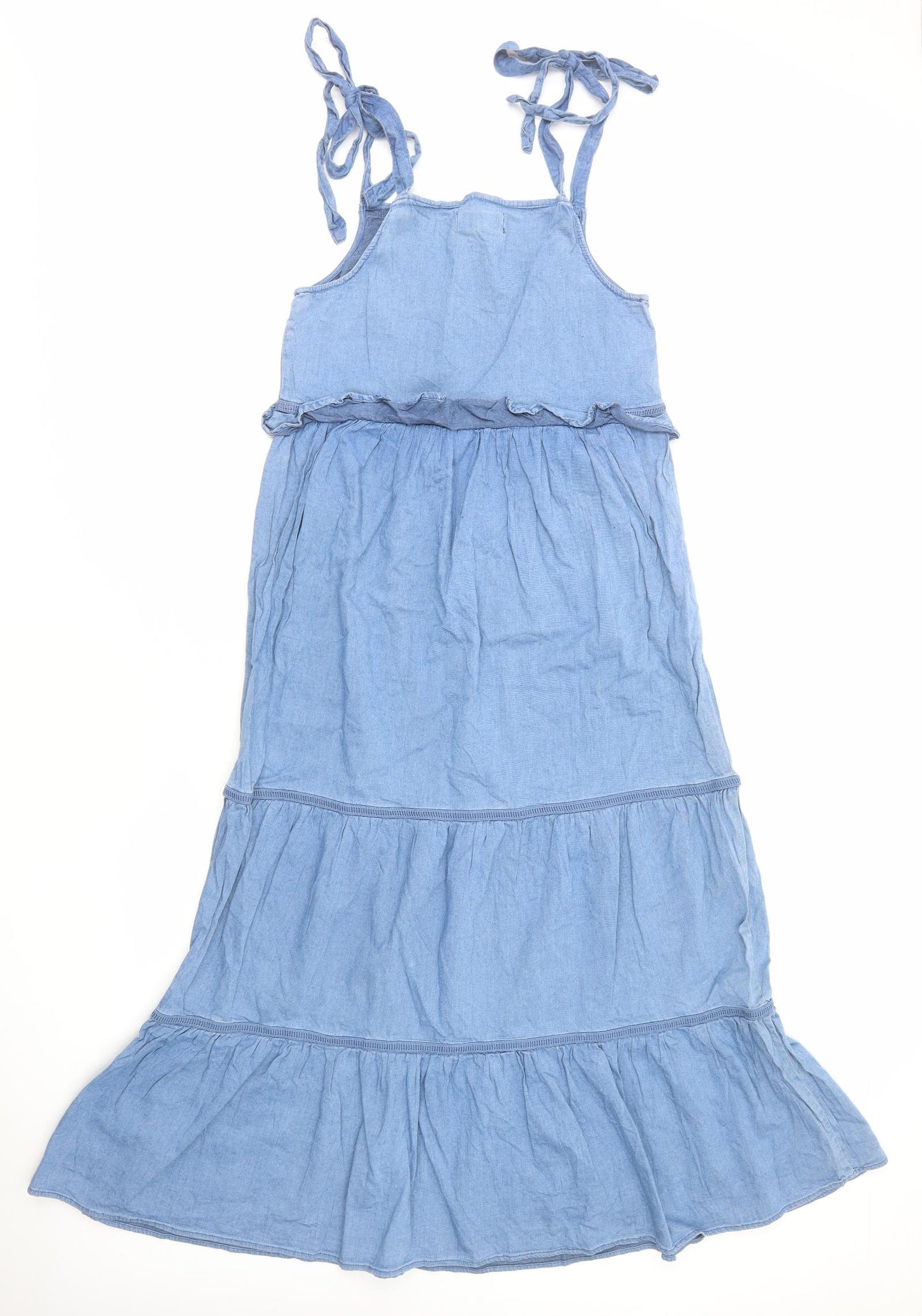 NEXT Womens Blue Cotton A-Line Size 8 Square Neck Pullover - Tiered Sleeve Tie Detail
