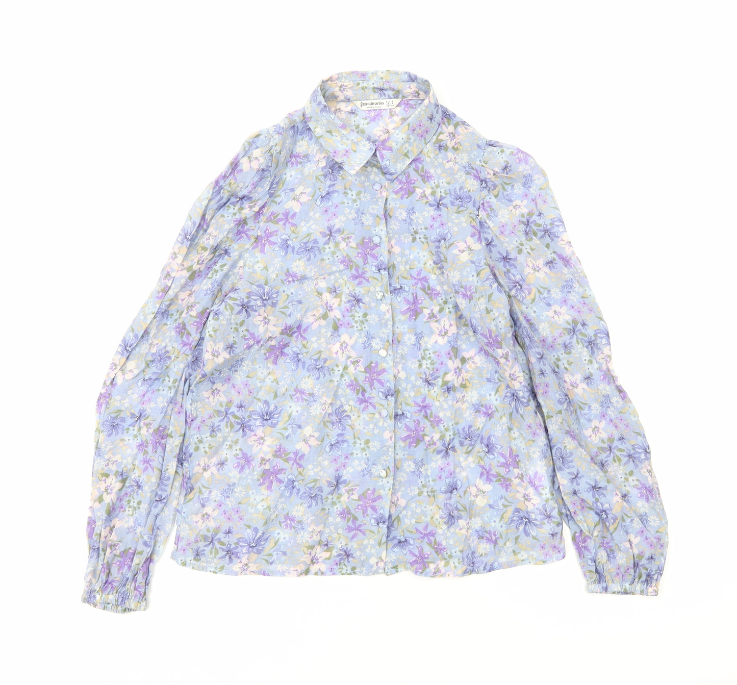 Stradivarius Womens Blue Floral Lyocell Basic Button-Up Size S Collared