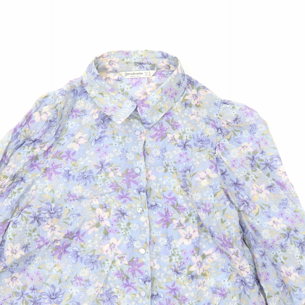 Stradivarius Womens Blue Floral Lyocell Basic Button-Up Size S Collared