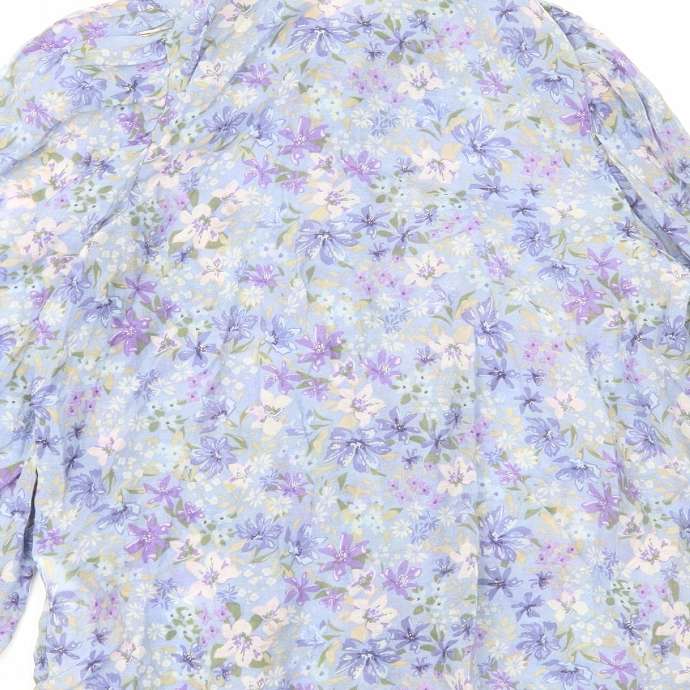 Stradivarius Womens Blue Floral Lyocell Basic Button-Up Size S Collared