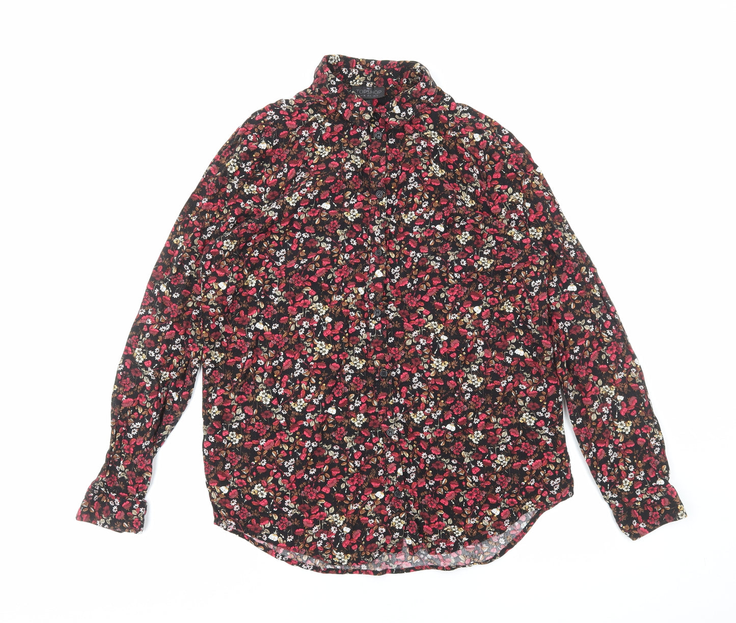 Topshop Womens Red Floral Viscose Basic Button-Up Size 10 Collared