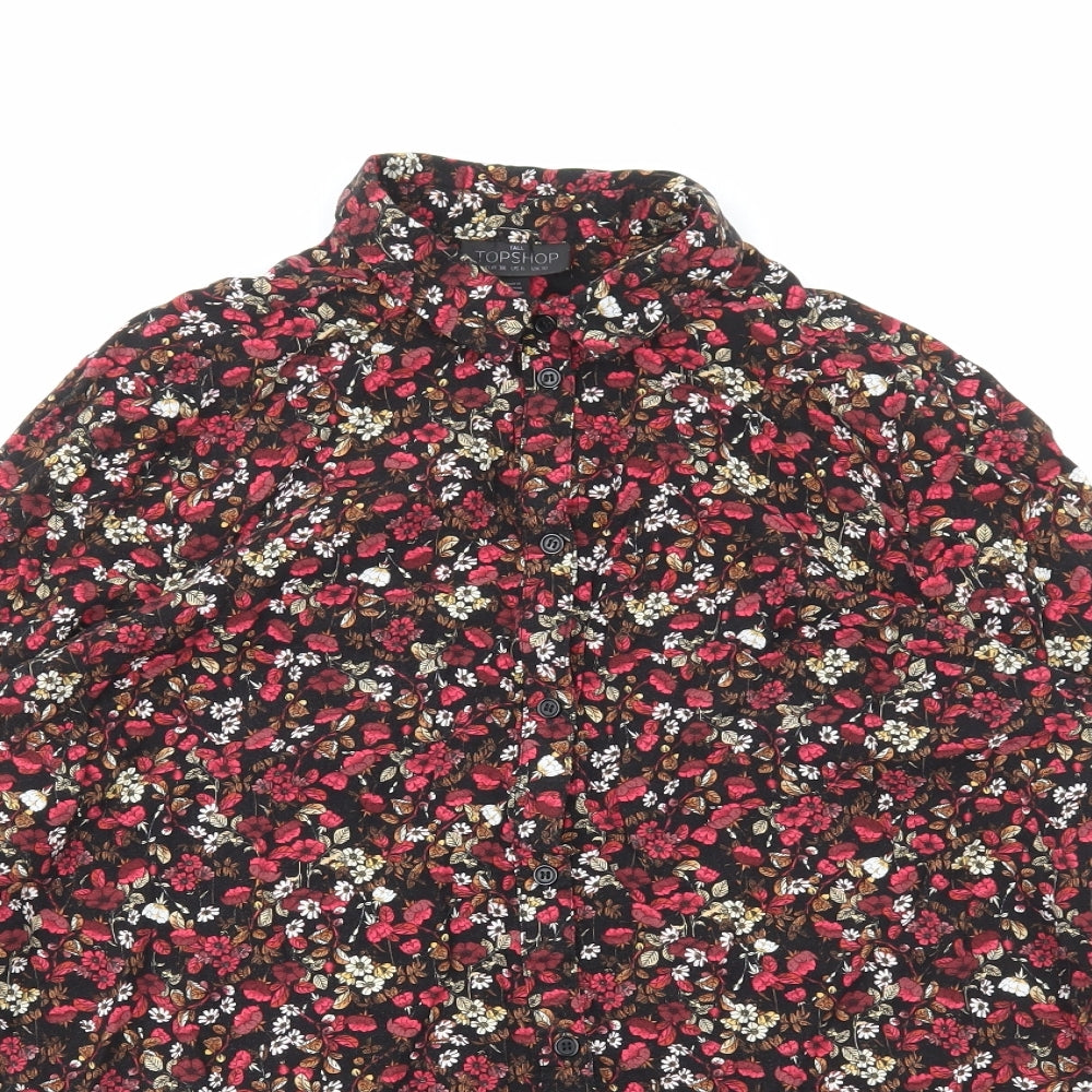 Topshop Womens Red Floral Viscose Basic Button-Up Size 10 Collared