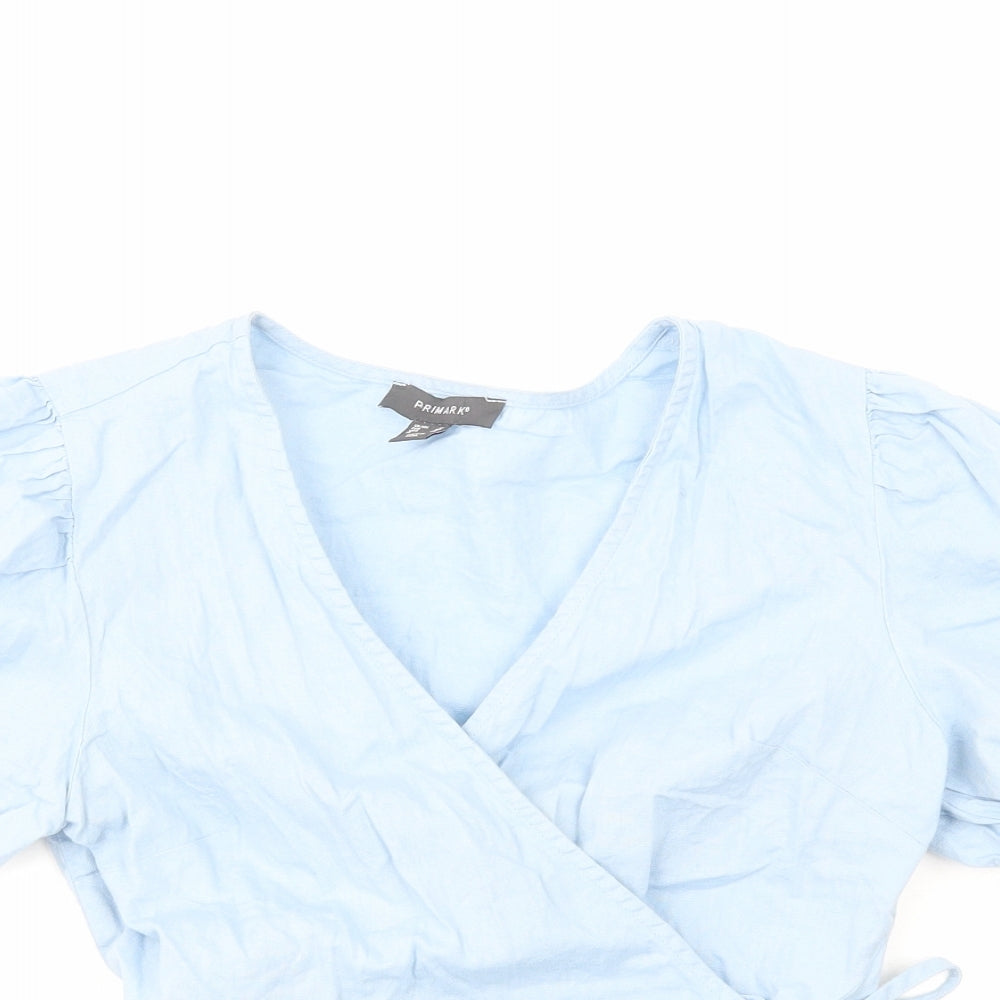Primark Womens Blue Cotton Wrap Blouse Size 12 V-Neck