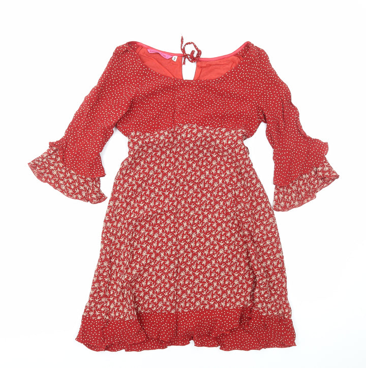 Antoine Lili Womens Red Floral Polyester Fit & Flare Size 8 Boat Neck Pullover - Flute Sleeves