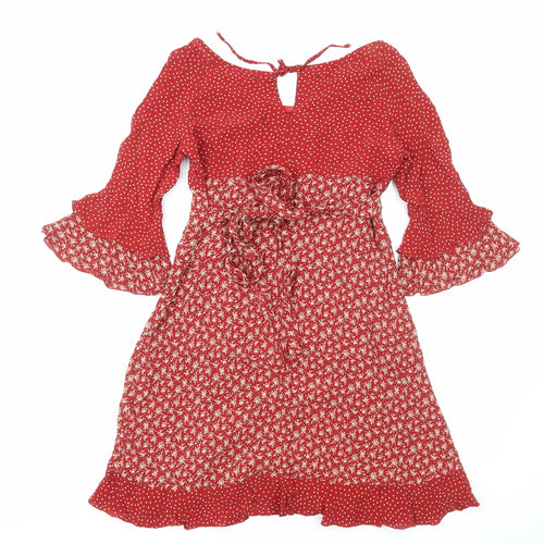Antoine Lili Womens Red Floral Polyester Fit & Flare Size 8 Boat Neck Pullover - Flute Sleeves