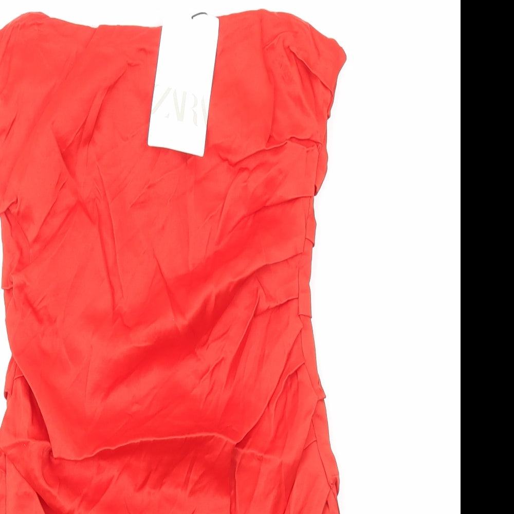 Zara Womens Red Polyester Mini Size S Off the Shoulder Zip - Pleat Detail