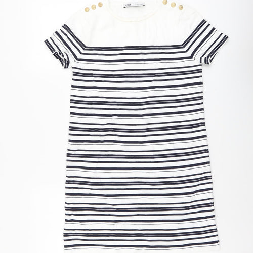 Zara Womens White Striped Polyamide T-Shirt Dress Size XS Round Neck Pullover