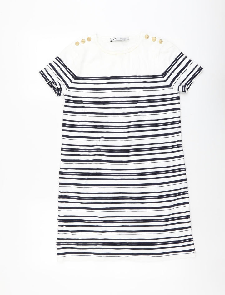 Zara Womens White Striped Polyamide T-Shirt Dress Size XS Round Neck Pullover
