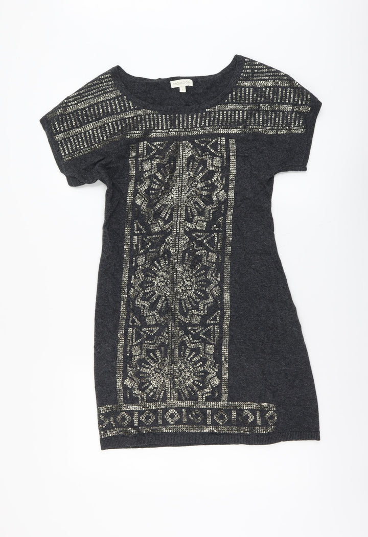 Monsoon Womens Green Geometric Cotton Jumper Dress Size S Scoop Neck Pullover