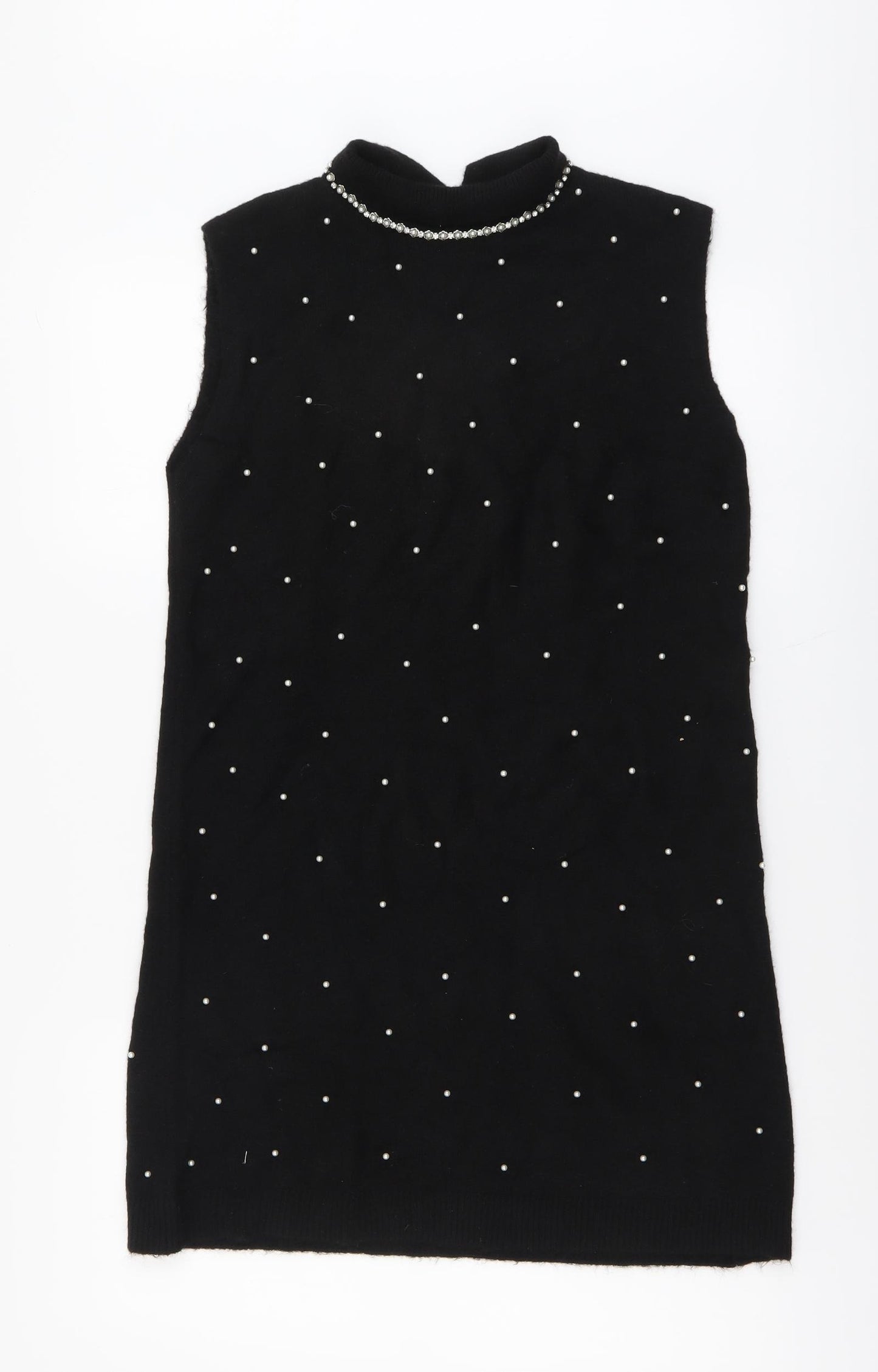 Zara Womens Black Polka Dot Nylon Jumper Dress Size M Mock Neck Button