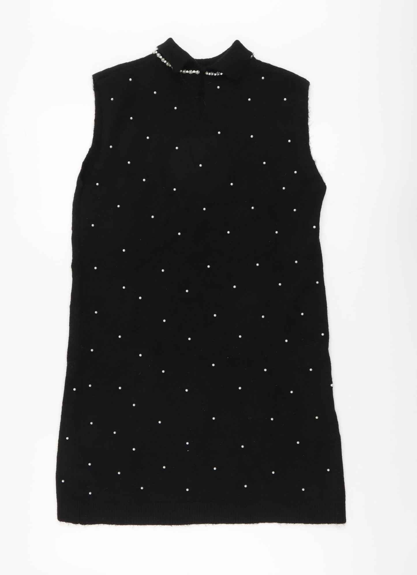 Zara Womens Black Polka Dot Nylon Jumper Dress Size M Mock Neck Button