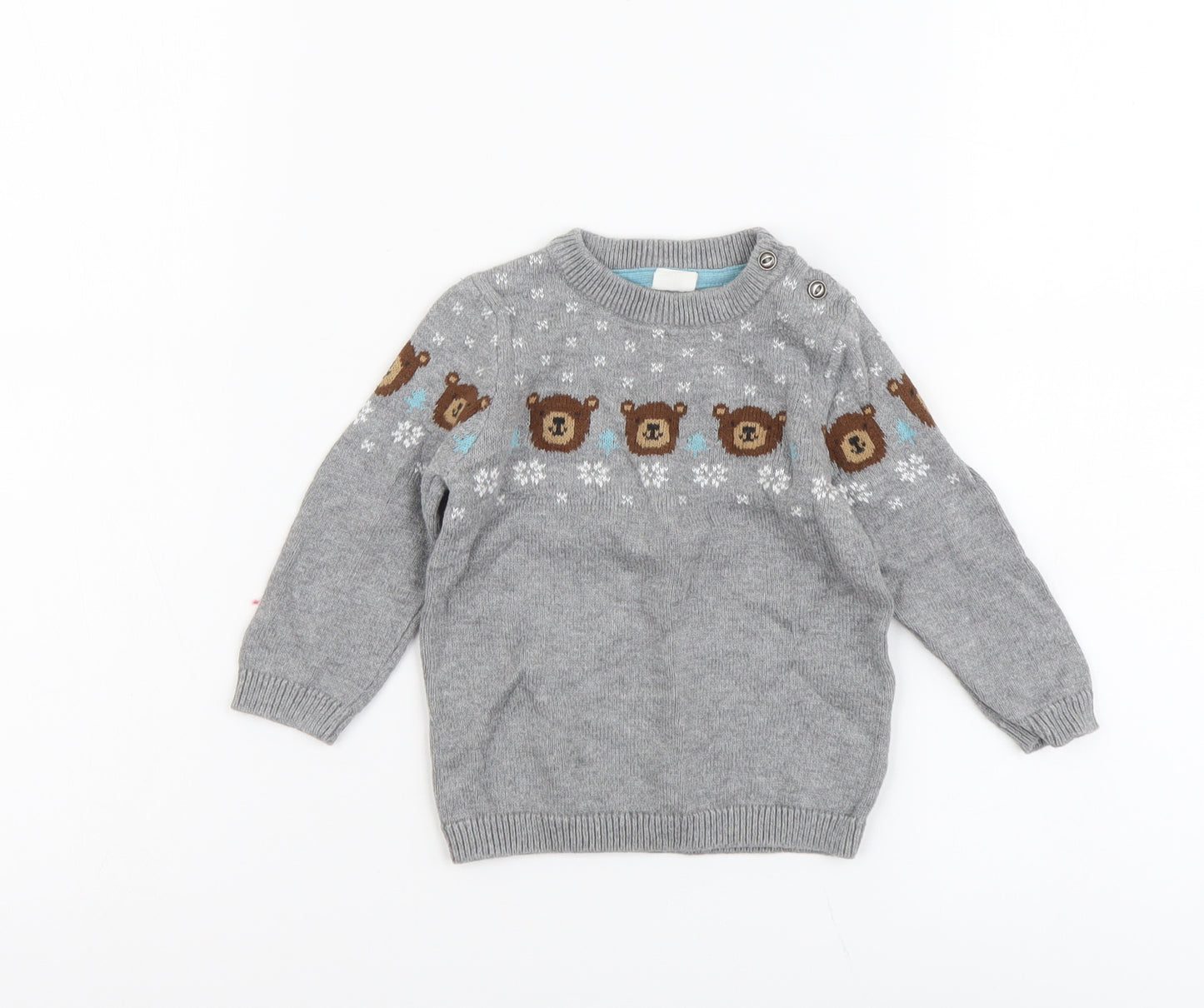 H&M Boys Grey Fair Isle Cotton Pullover Jumper Size 6-9 Months Button - Bear Christmas