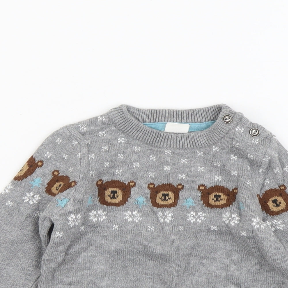 H&M Boys Grey Fair Isle Cotton Pullover Jumper Size 6-9 Months Button - Bear Christmas