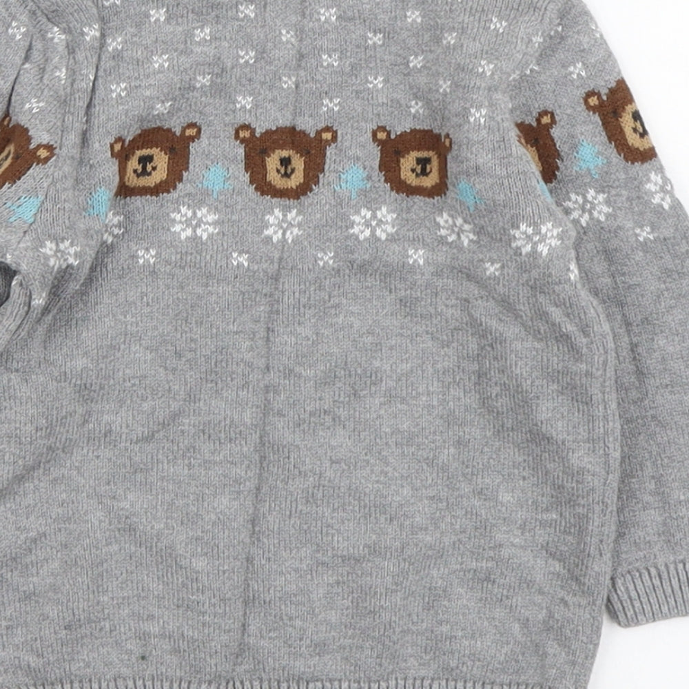 H&M Boys Grey Fair Isle Cotton Pullover Jumper Size 6-9 Months Button - Bear Christmas