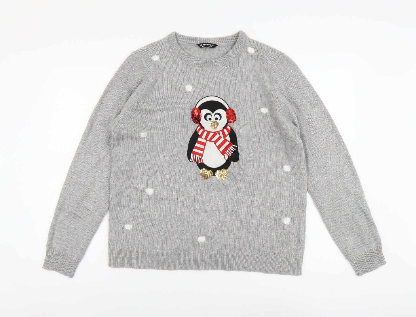 Select Womens Grey Round Neck Acrylic Pullover Jumper Size L - Christmas Penguin