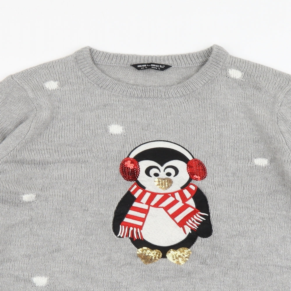 Select Womens Grey Round Neck Acrylic Pullover Jumper Size L - Christmas Penguin