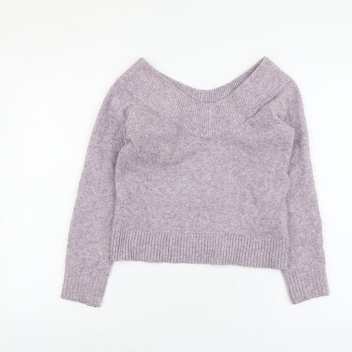 H&M Womens Purple V-Neck Acrylic Pullover Jumper Size XS