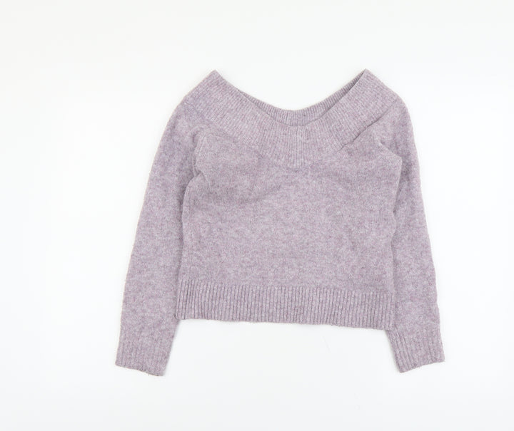 H&M Womens Purple V-Neck Acrylic Pullover Jumper Size XS