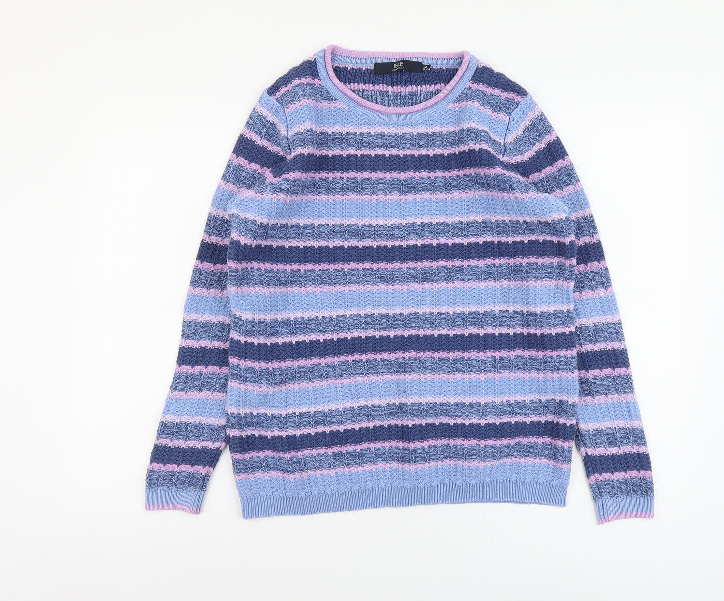 Isle Womens Blue Round Neck Striped Cotton Pullover Jumper Size 14