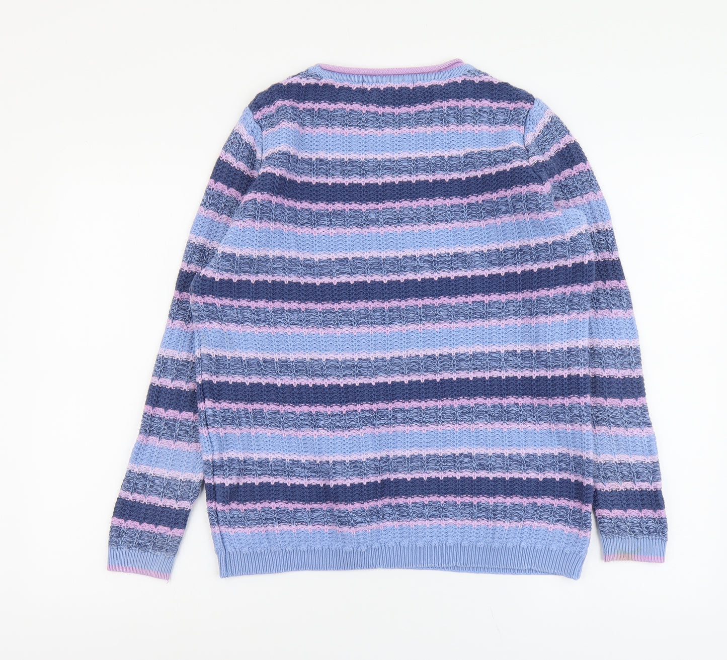 Isle Womens Blue Round Neck Striped Cotton Pullover Jumper Size 14