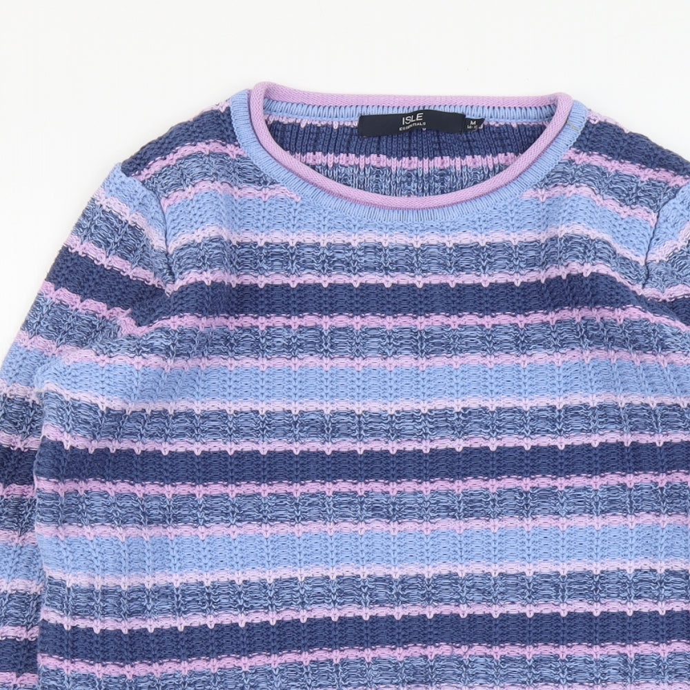 Isle Womens Blue Round Neck Striped Cotton Pullover Jumper Size 14