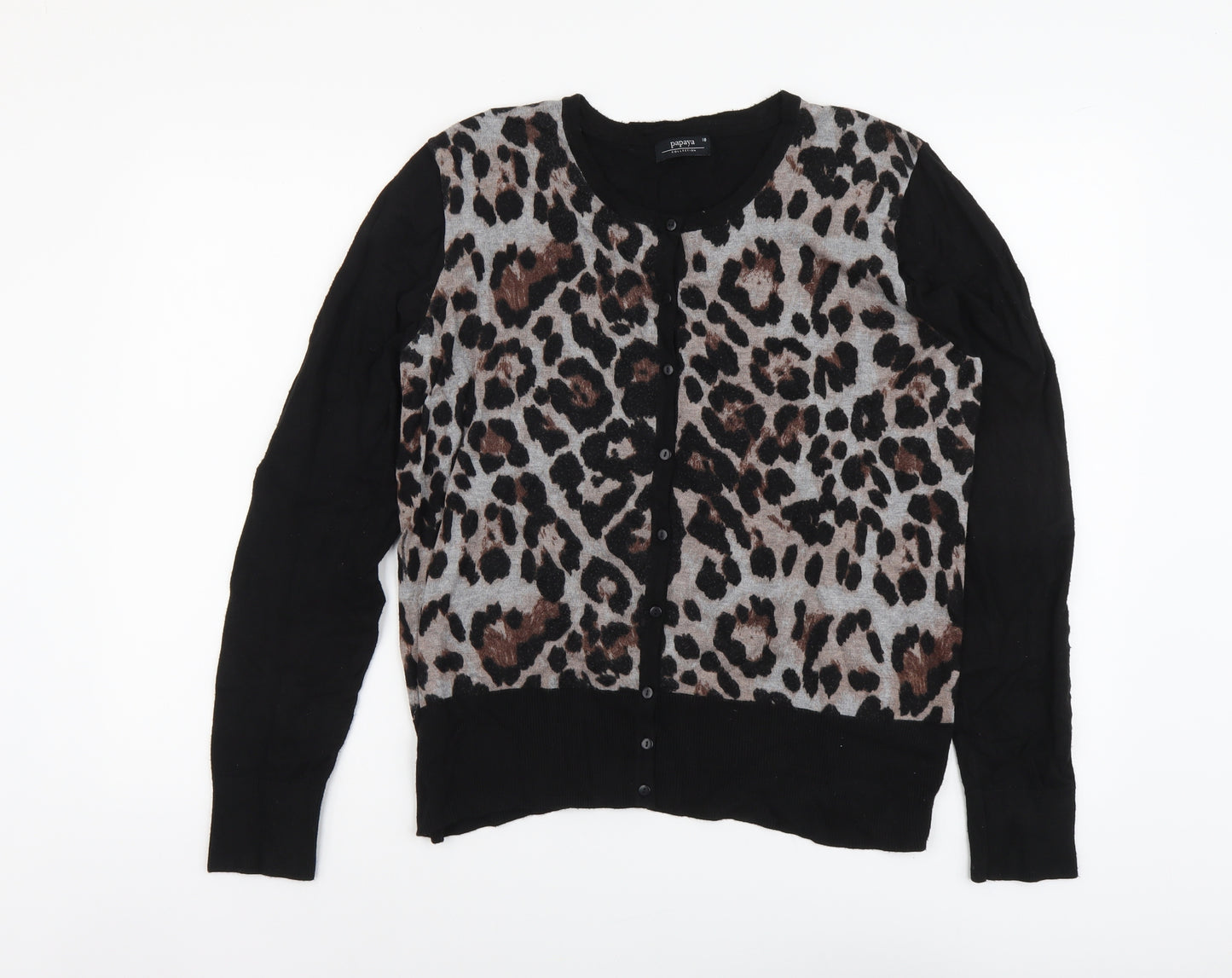 Papaya Womens Black Roll Neck Animal Print Viscose Cardigan Jumper Size 18