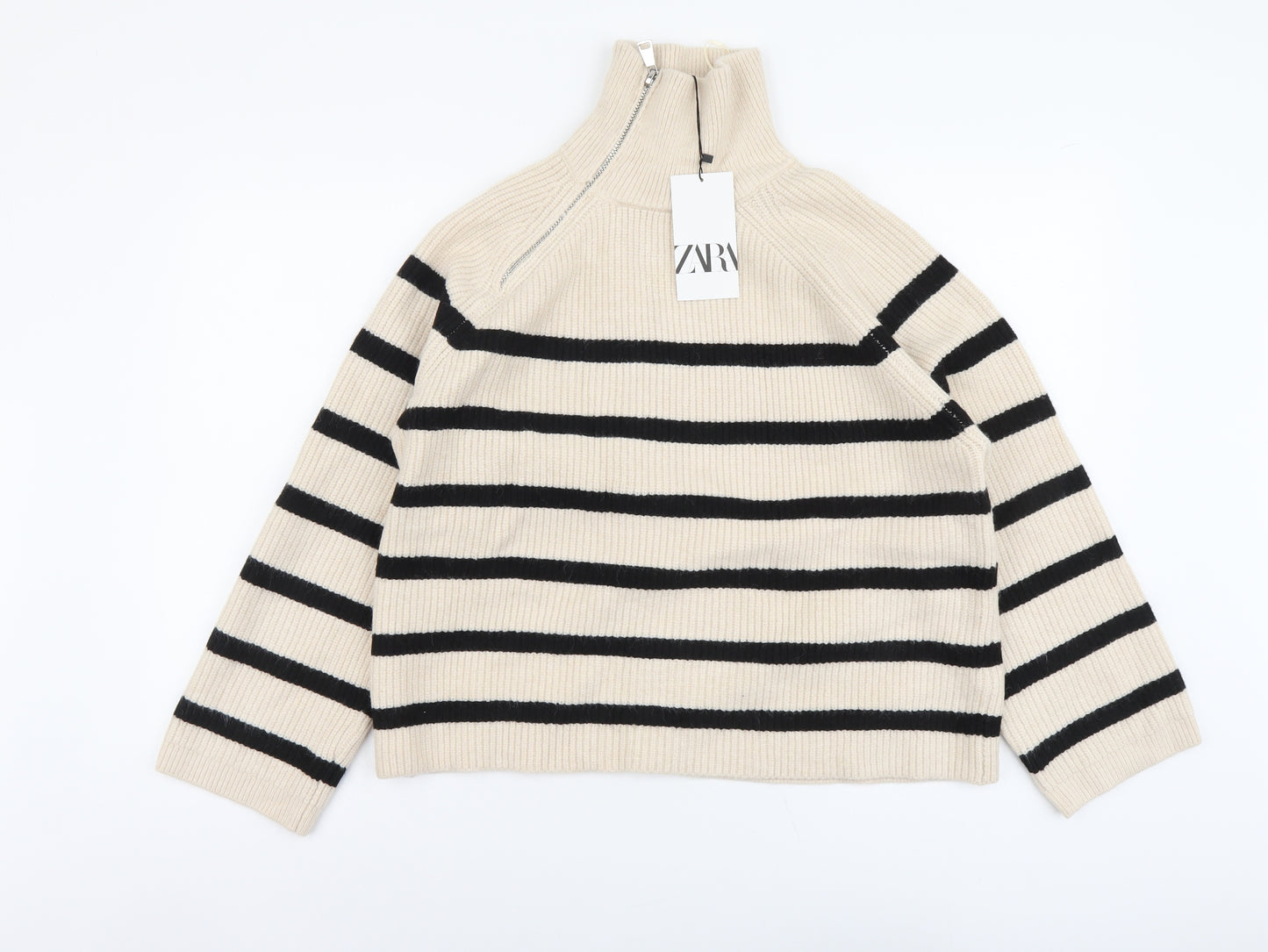 Zara Womens Beige High Neck Striped Acrylic Pullover Jumper Size S