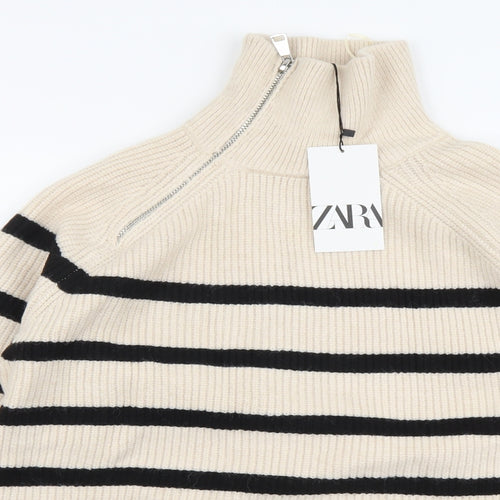 Zara Womens Beige High Neck Striped Acrylic Pullover Jumper Size S