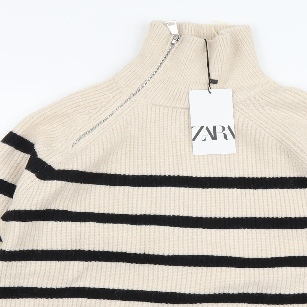 Zara Womens Beige High Neck Striped Acrylic Pullover Jumper Size S