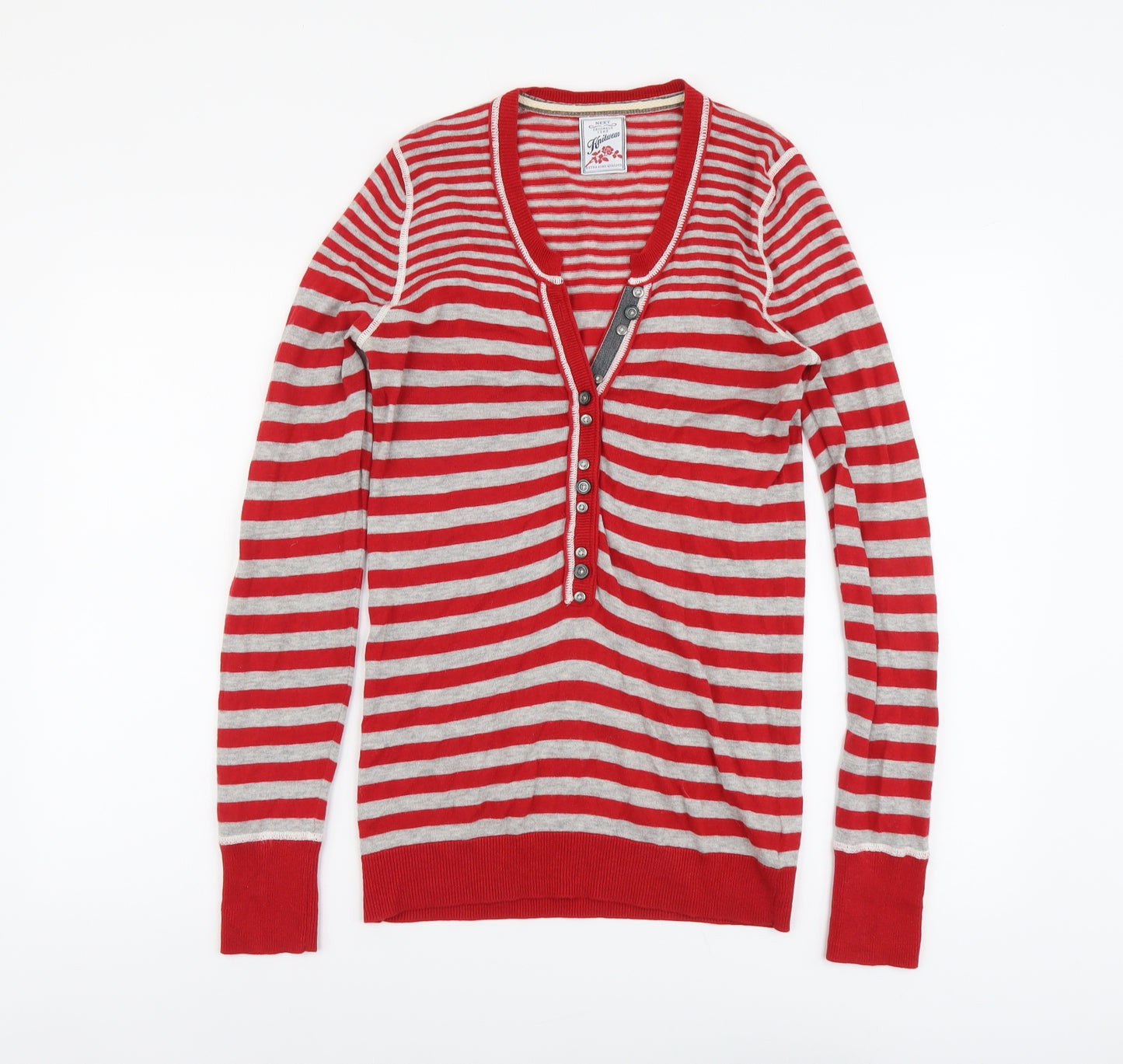 NEXT Womens Red V-Neck Striped Wool Pullover Jumper Size 12