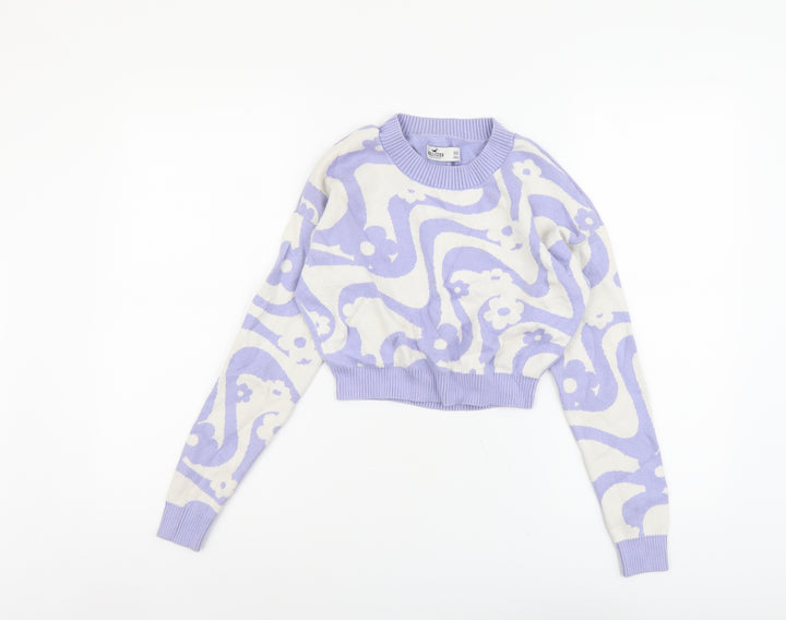 Hollister Womens Purple Round Neck Geometric Cotton Pullover Jumper Size 2XS
