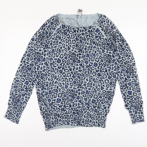 BC Connection Womens Blue Round Neck Animal Print Cotton Pullover Jumper Size 16
