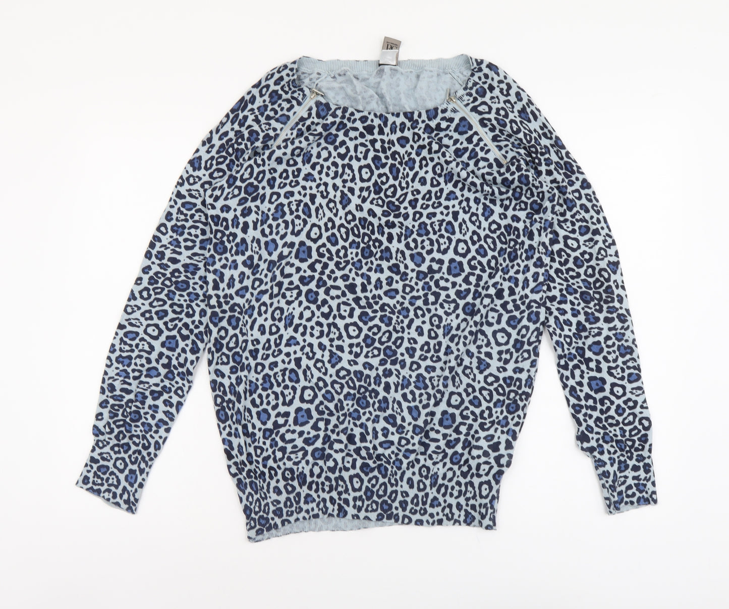 BC Connection Womens Blue Round Neck Animal Print Cotton Pullover Jumper Size 16