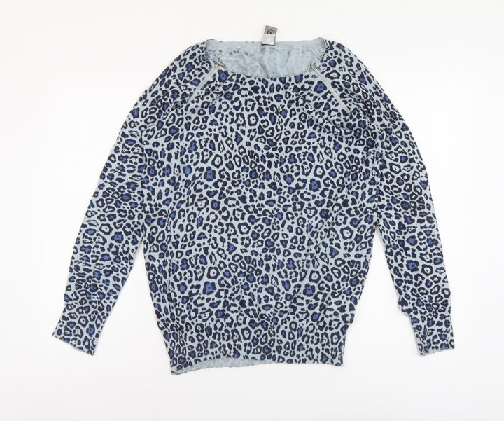BC Connection Womens Blue Round Neck Animal Print Cotton Pullover Jumper Size 16