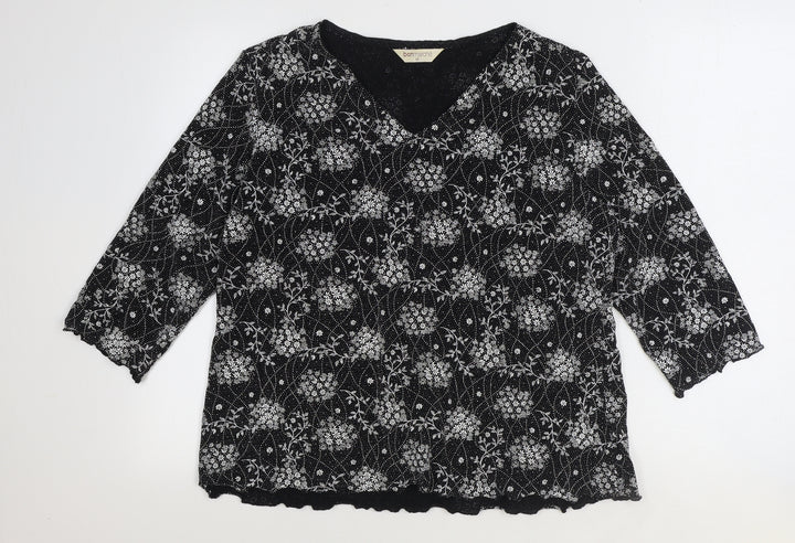 Bonmarché Womens Black Geometric Nylon Basic Blouse Size M V-Neck