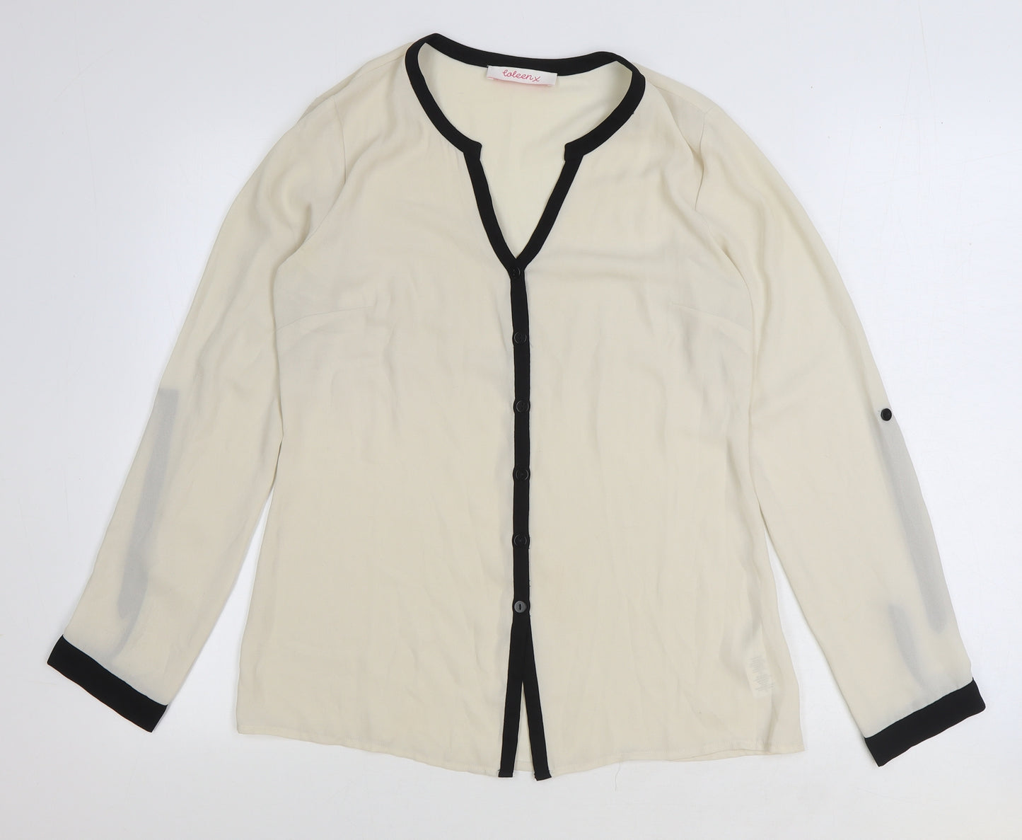 Coleen Womens Ivory Striped Polyester Basic Button-Up Size 10 V-Neck
