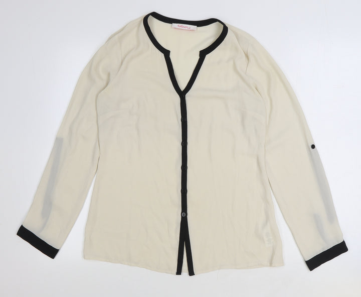 Coleen Womens Ivory Striped Polyester Basic Button-Up Size 10 V-Neck
